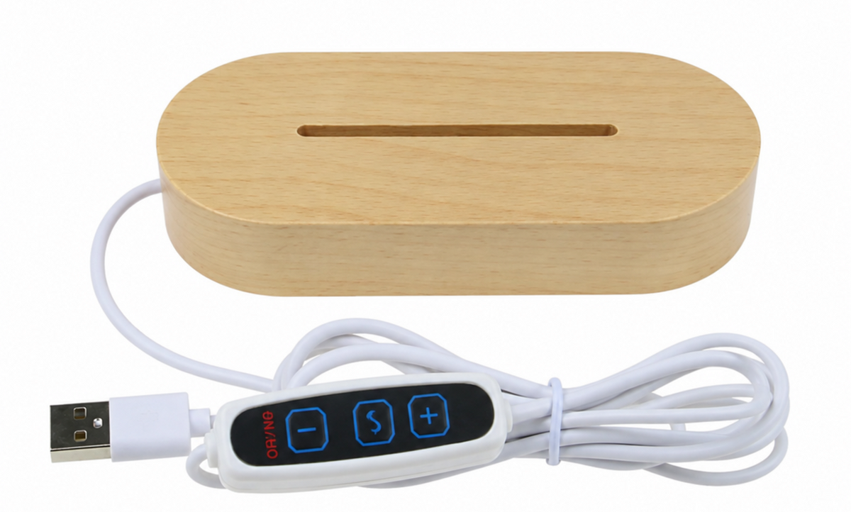Base de madera con 7 luces RGB, regulable en intensidad, alimentación USB y función de memoria de luz