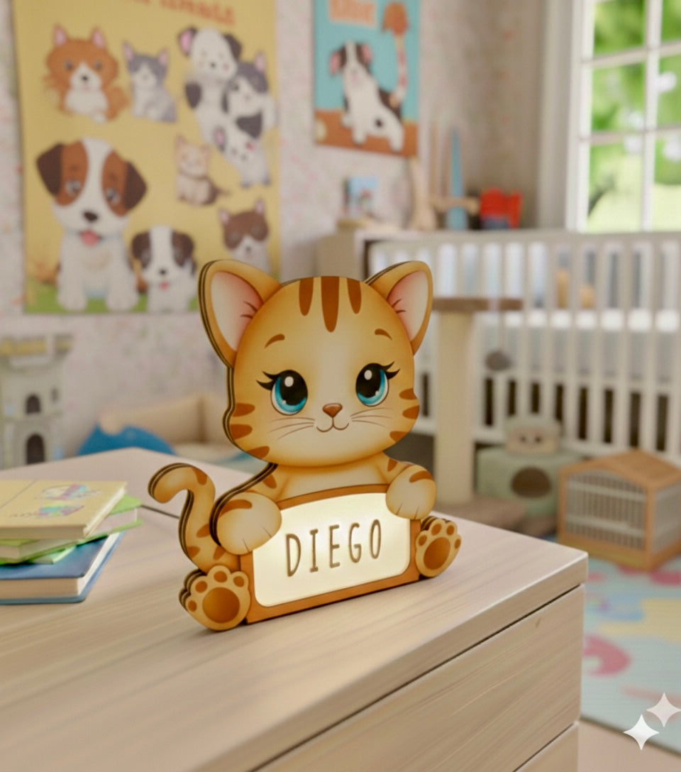 Lampara Infantil Madera Aniwoods Gatico